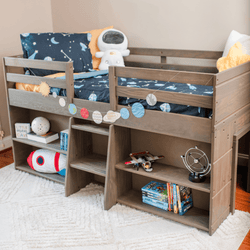 190025-185 : Loft Beds Farmhouse Twin Low Loft Bed with 2 Bookcases, Driftwood