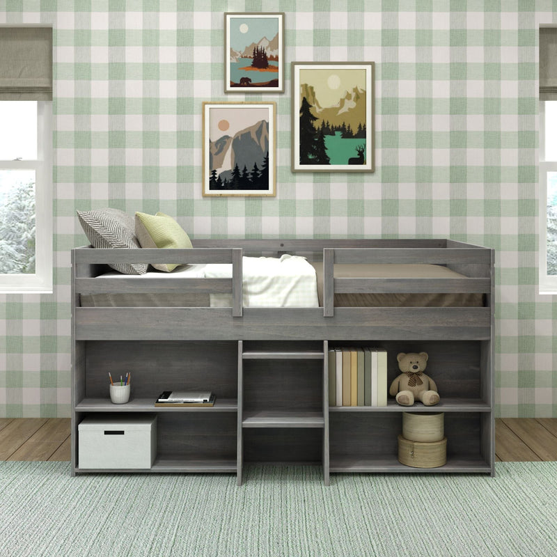 Kids' loft bed with ladder and storage shelves in a cozy bedroom with checkered wallpaper and decorative wall art.