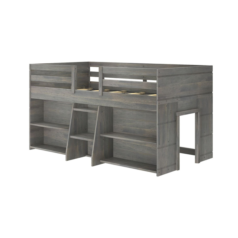 Gray wooden loft bed with built-in shelves and storage space, perfect for kids' rooms and maximizing small spaces.