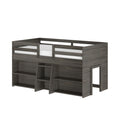 Gray wooden loft bed frame with guardrails, built-in ladder and open storage cubbies for kids' bedroom