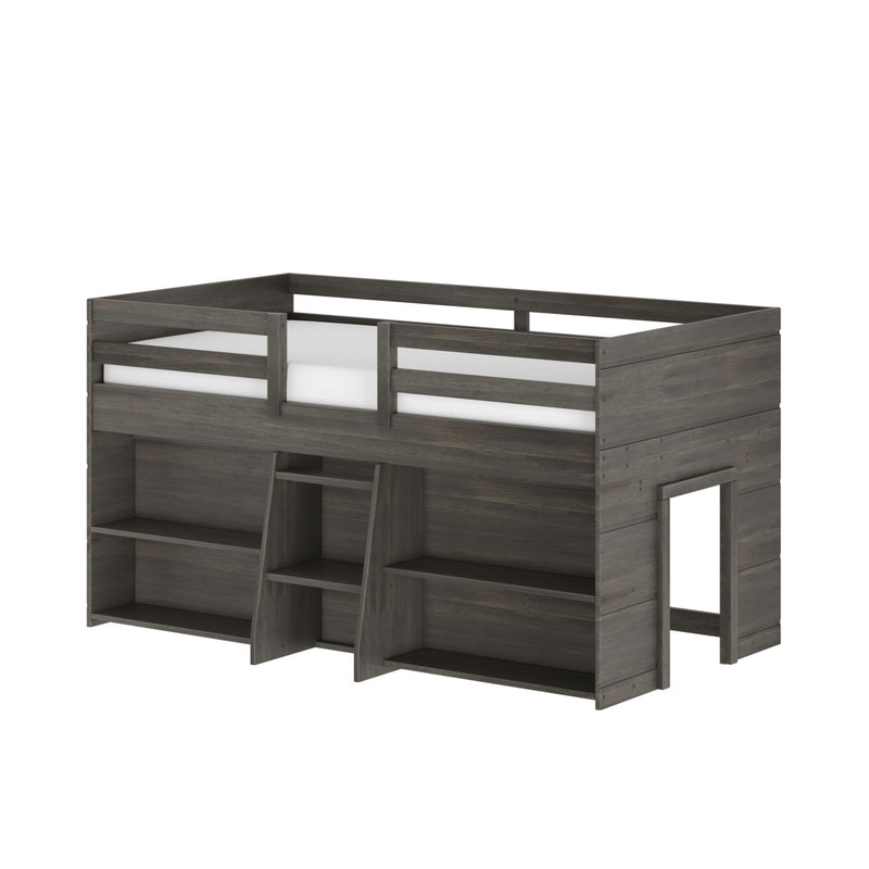 Gray wooden loft bed frame with guardrails, built-in ladder and open storage cubbies for kids' bedroom