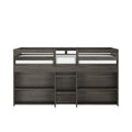 Dark gray wood twin-over-twin bunk bed with center ladder and built-in open shelving storage, modern farmhouse kids' bedroom furniture