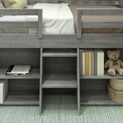 190025-185 : Loft Beds Farmhouse Twin Low Loft with 2 Bookcases, Driftwood