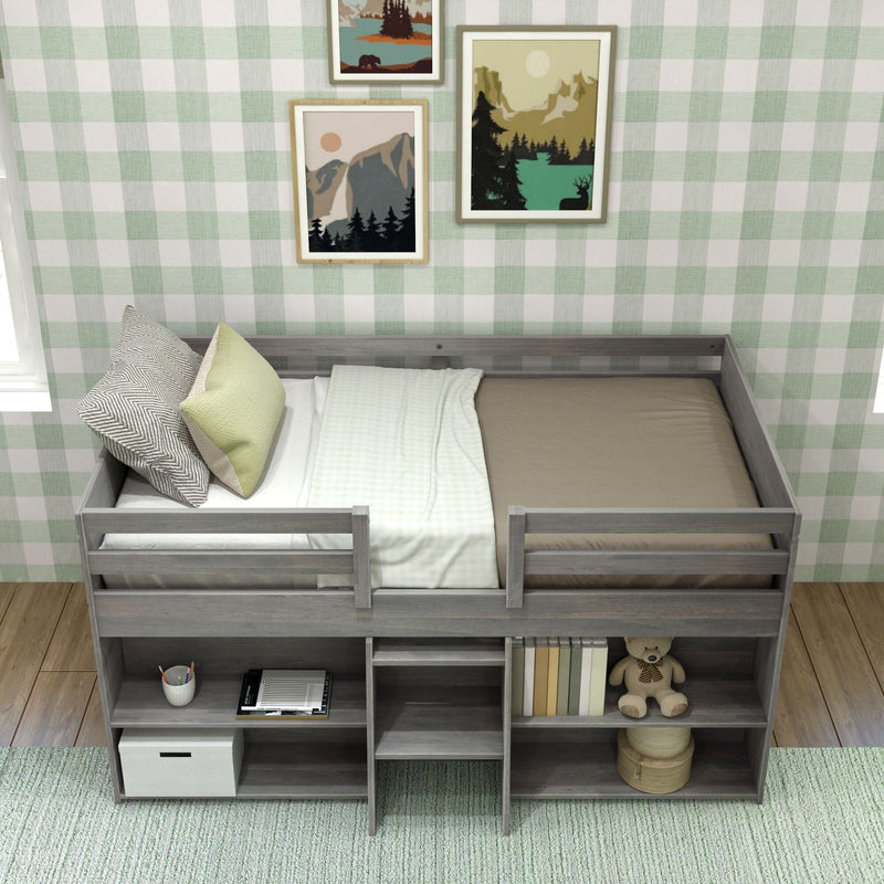 Gray loft bed with storage shelves in a cozy bedroom setup with green plaid wallpaper and nature-themed wall art.