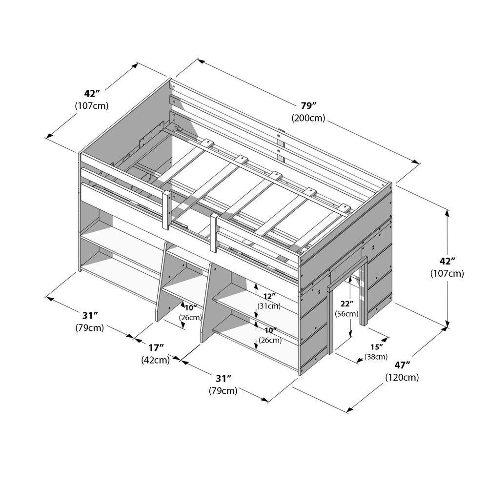 Illustration of a wooden bunk bed with storage compartments and dimensions in inches and centimeters, ideal for optimizing small bedroom spaces.
