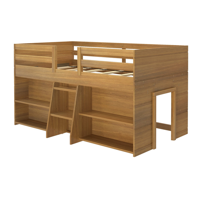 Wooden loft bed with integrated storage shelves and built-in ladder, perfect for maximizing space in small bedrooms.