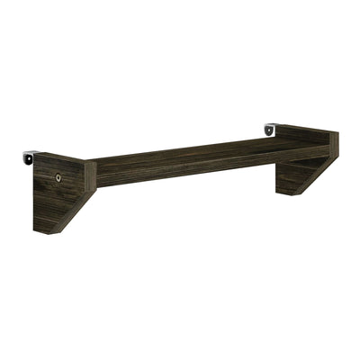 Dark walnut floating wall shelf with angled triangular brackets, modern wooden storage and display shelf