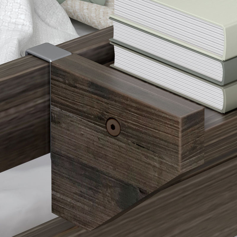 Wooden bed frame joint with metal bracket and stack of books on top.