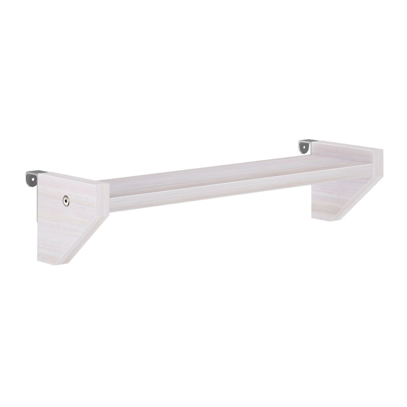 White wood floating wall shelf with angled triangular brackets, modern minimalist wall-mounted storage shelf for kitchen, bathroom, or living room