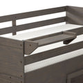 Gray wooden daybed with built-in fold-down side tray and white quilted mattress, rustic finish