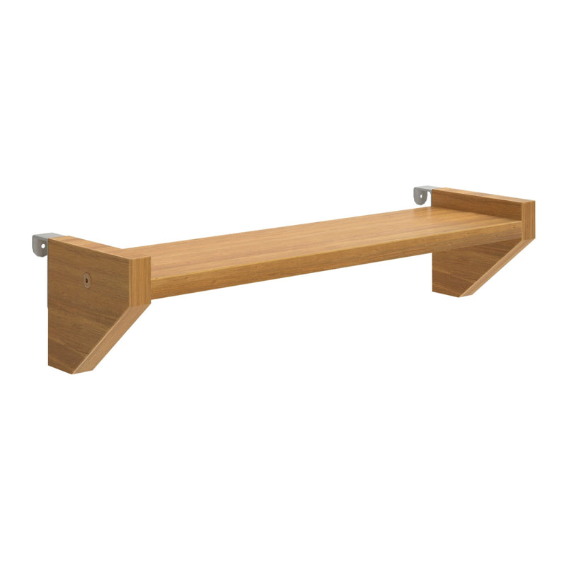 Light oak floating wall shelf with angled wood supports and metal mounting brackets, modern wall-mounted storage for living rooms and bedrooms