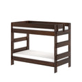 Dark walnut wooden loft bunk bed with upper safety guardrail and white mattress on a modern solid wood frame