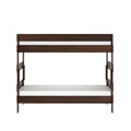 Dark walnut wooden twin loft bed frame with white mattress platform and integrated side ladder, modern minimalist bunk bed design