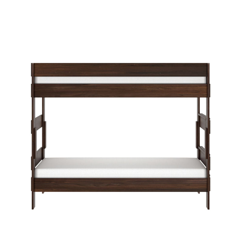 Dark walnut wooden twin loft bed frame with white mattress platform and integrated side ladder, modern minimalist bunk bed design