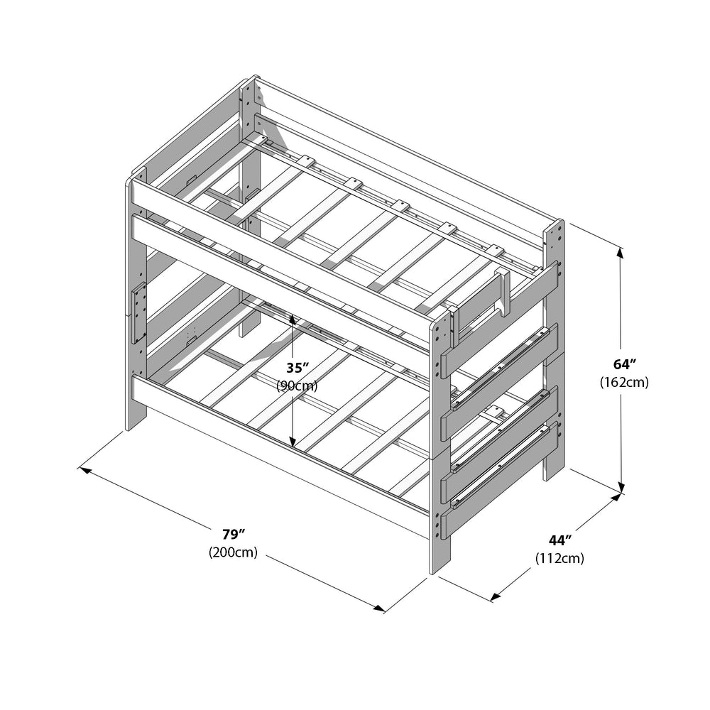 Illustration of a bunk bed frame with dimensions: 79 inches long, 44 inches wide, 64 inches high.