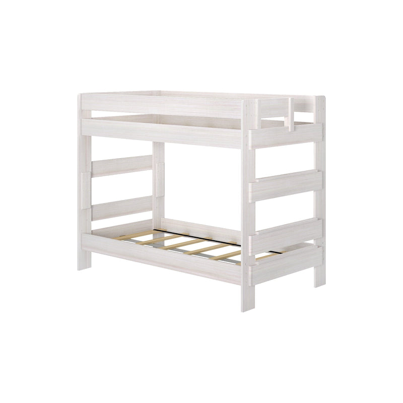 White wooden bunk bed frame with ladder, ideal for children's bedroom furniture.