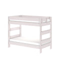 Whitewashed wooden twin‑over‑full bunk bed with guardrails and ladder, space‑saving kids bedroom loft in modern farmhouse style