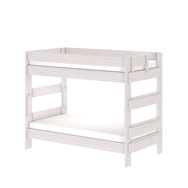 Whitewashed wooden twin‑over‑full bunk bed with guardrails and ladder, space‑saving kids bedroom loft in modern farmhouse style