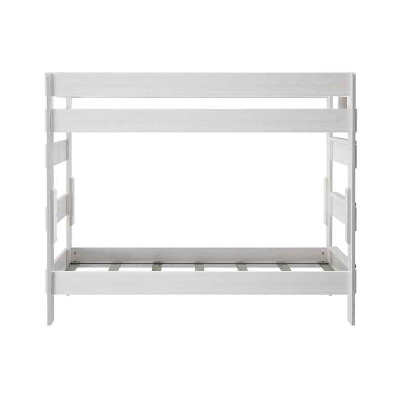 White wooden bunk bed frame with ladder, ideal for kids' bedroom furniture.