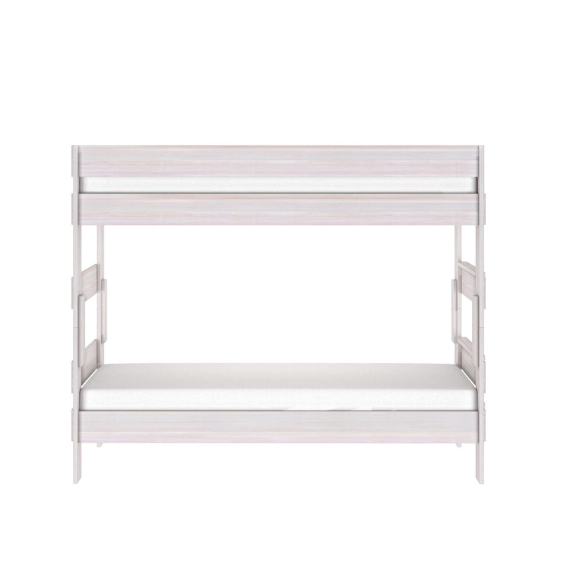 Whitewashed wooden twin bunk bed frame with ladder and safety rails, minimalist kids loft bed for small bedrooms and shared spaces