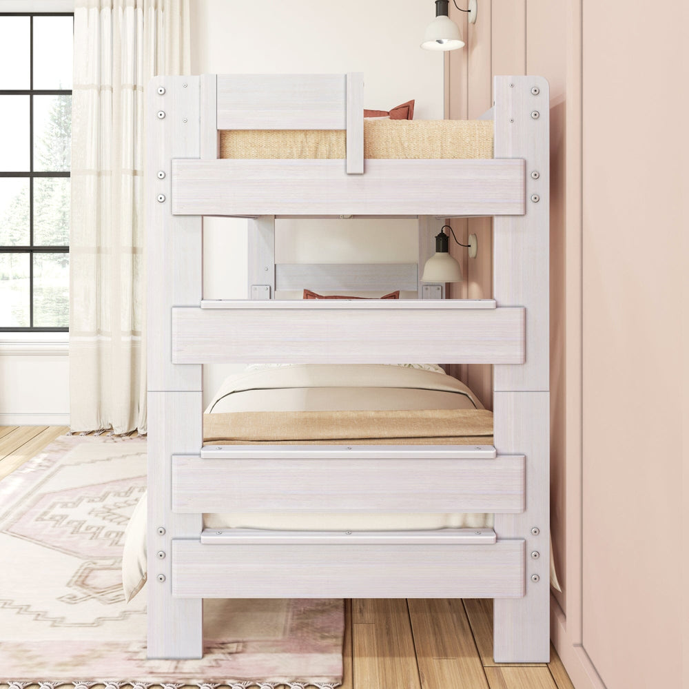 190201-182 : Bunk Beds K/D Twin/Twin Bunk, 7 slats w/ metal support bar, White Wash