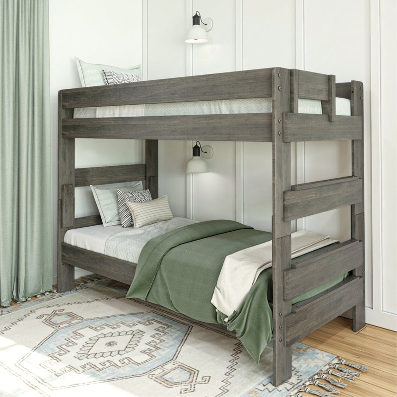 Modern gray wooden bunk bed with green bedding in a stylish white bedroom.