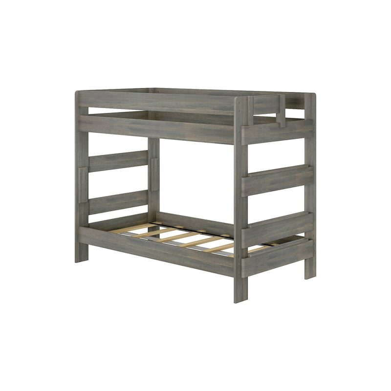 Gray wooden bunk bed frame for kids and teens without mattresses.