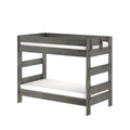 Gray wooden bunk bed with sturdy guardrails and ladder, modern kids loft bed with white mattresses