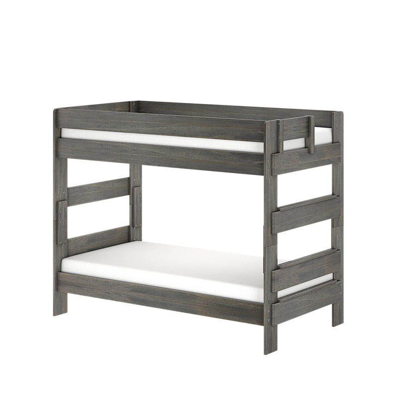 Gray wooden bunk bed with sturdy guardrails and ladder, modern kids loft bed with white mattresses