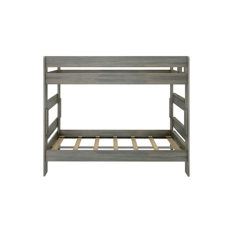 Gray wooden bunk bed frame with ladder, modern space-saving furniture for kids or guest room.