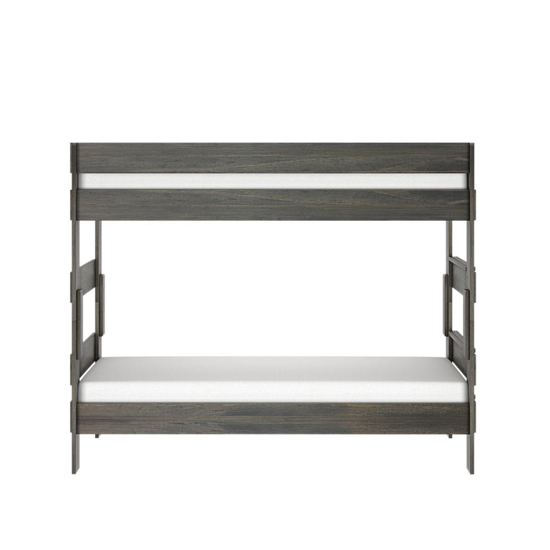 Gray weathered wood loft bunk bed frame with integrated ladder and white mattress, modern farmhouse style