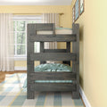 Gray wooden twin bunk bed in a bright kids' bedroom with mint green bedding, sheer window curtains, yellow walls and a plaid area rug