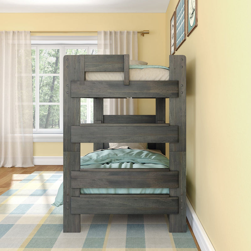 Gray wooden twin bunk bed in a bright kids' bedroom with mint green bedding, sheer window curtains, yellow walls and a plaid area rug