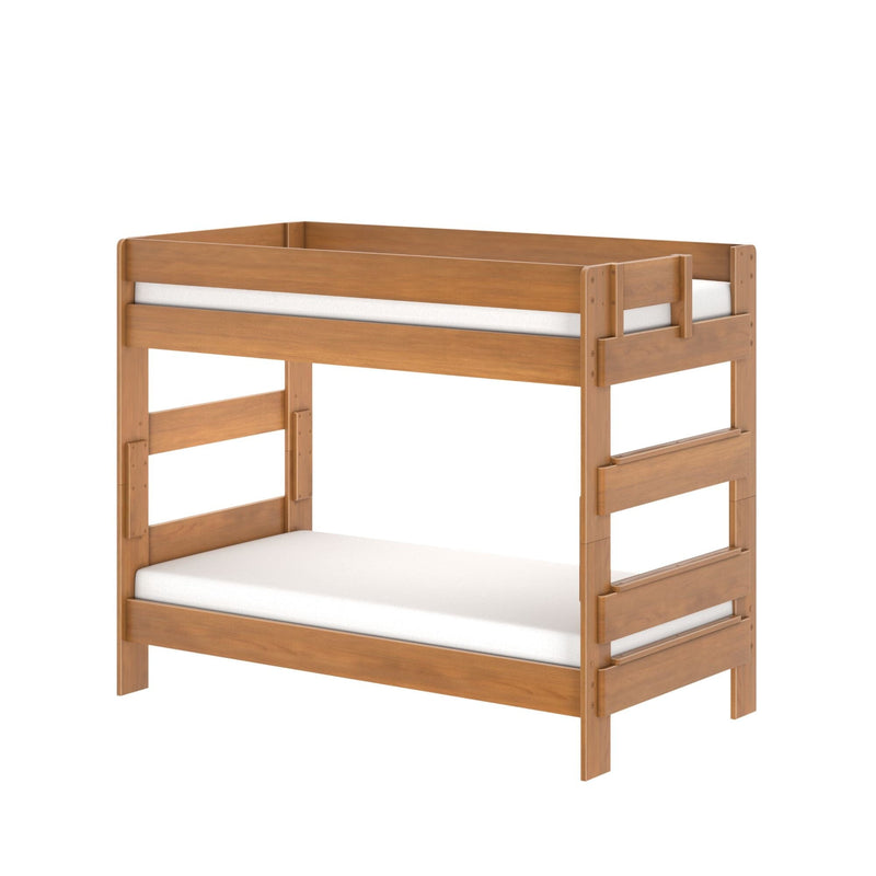 Solid wood twin-over-full bunk bed with guardrails and built-in ladder, natural finish — space-saving kids' bedroom furniture