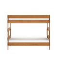 Twin-over-twin light wood bunk bed frame with white mattresses, minimalist modern design for kids, space-saving bedroom furniture isolated on white background