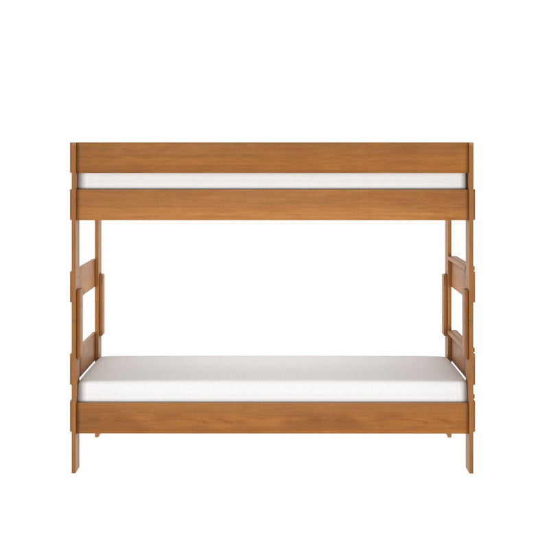 Twin-over-twin light wood bunk bed frame with white mattresses, minimalist modern design for kids, space-saving bedroom furniture isolated on white background