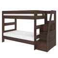 Dark brown wooden bunk bed with built-in staircase and storage drawers, space-saving platform design for kids' and teens' bedrooms