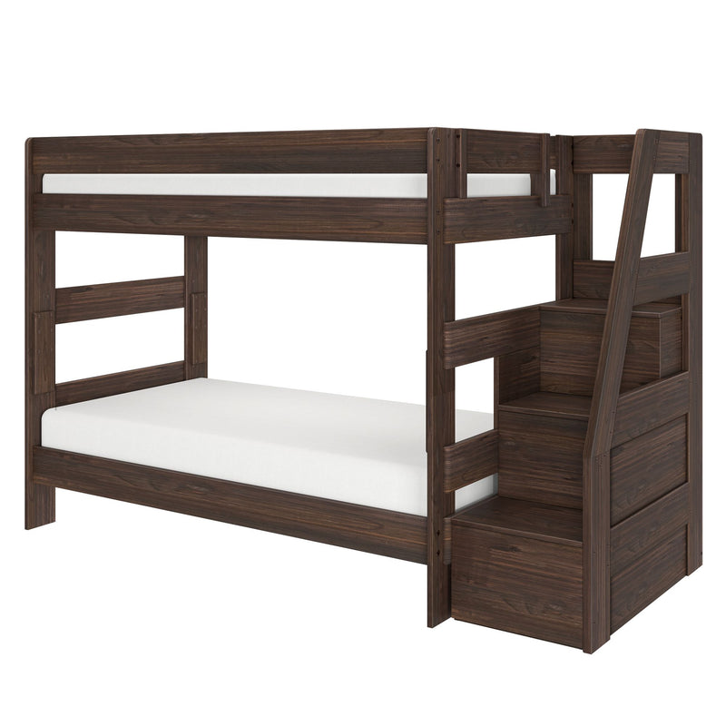 Dark brown wooden bunk bed with built-in staircase and storage drawers, space-saving platform design for kids' and teens' bedrooms