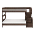 Dark brown wooden twin-over-full bunk bed with staircase and built-in storage drawers, white mattresses, space-saving kids bedroom furniture