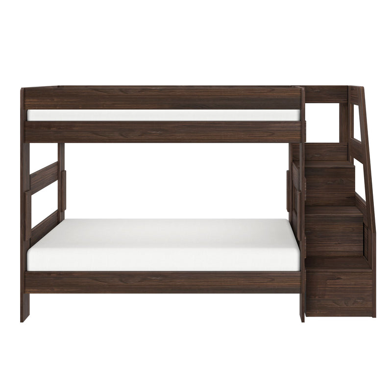 Dark brown wooden twin-over-full bunk bed with staircase and built-in storage drawers, white mattresses, space-saving kids bedroom furniture