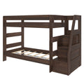 Dark brown wood-tone twin-over-full bunk bed with built-in storage staircase, slatted mattress supports and safety rails — space-saving kids bedroom furniture