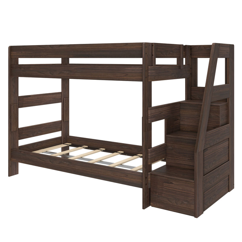 Dark brown wood-tone twin-over-full bunk bed with built-in storage staircase, slatted mattress supports and safety rails — space-saving kids bedroom furniture