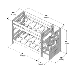 Isometric assembly diagram of a wooden two-tier bunk bed with integrated staircase storage and slatted mattress supports, annotated with key dimensions (98" x 44" x 64" / 250 x 112 x 162 cm) — ideal space-saving kids' bedroom furniture