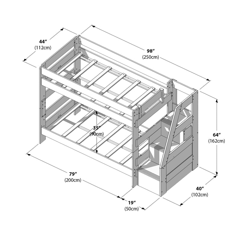 Isometric diagram of a wooden twin-over-twin bunk bed with angled staircase and built-in storage drawers, labeled dimensions in inches and cm, space-saving kids' bedroom bunk bed with mattress slats.