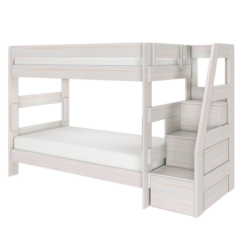 White solid wood twin-over-twin bunk bed with built-in storage staircase, space-saving kids bedroom furniture