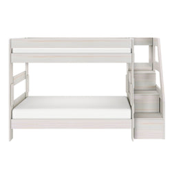 Twin-over-full whitewashed wooden bunk bed with staircase storage drawers and guardrails, modern kids loft bed