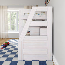 White wooden bunk bed with built-in storage in bright children's bedroom, blue checkered rug and toy cars by window with sheer curtains and forest view