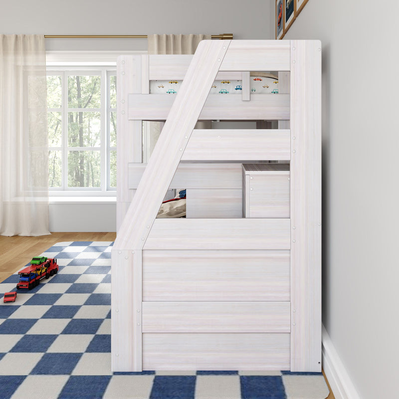 White wooden bunk bed with built-in storage in bright children's bedroom, blue checkered rug and toy cars by window with sheer curtains and forest view