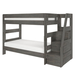 Gray wooden bunk bed with built-in staircase and storage drawers, modern space-saving kids' bedroom solution