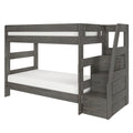 Gray wood twin-over-full bunk bed with built-in staircase storage, guardrails and white mattresses for space-saving kids' bedroom furniture